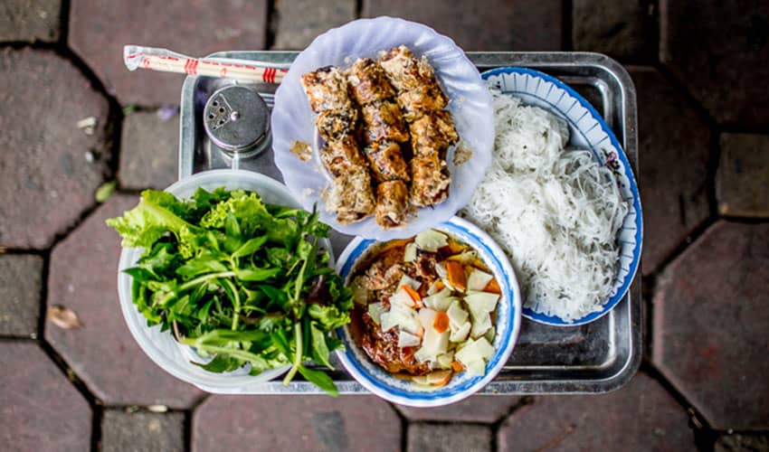 grilled pork and noodles - What to eat in Hanoi Vietnam